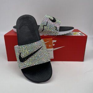 Nike KAWA Slide Black White Rhinestone Blinged Out Youth Sz 6 MODIFIED